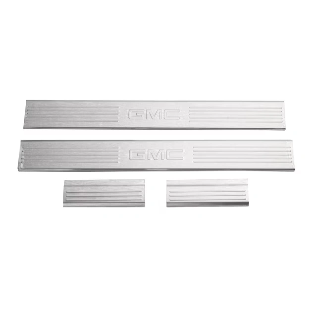 Front and Rear Door Sill Plates in Brushed Stainless Steel with GMC Logo