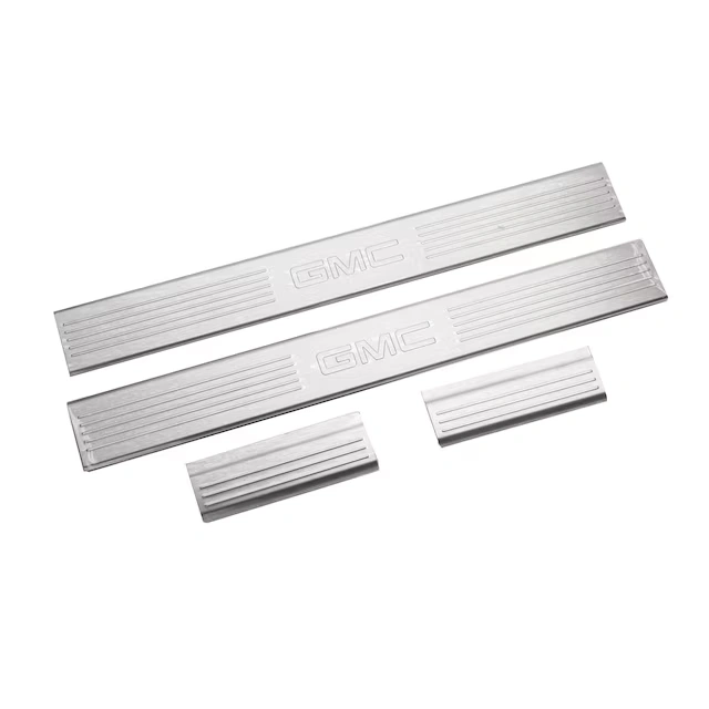 Front and Rear Door Sill Plates in Brushed Stainless Steel with GMC Logo 3 Front and Rear Door Sill Plates in Brushed Stainless Steel with GMC Logo