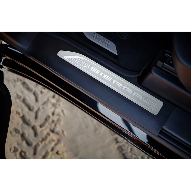 Front Door Sill Plates with Jet Black Surround and Sierra Script