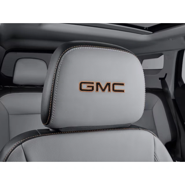 Vinyl Headrest in Medium Ash Gray with Embroidered GMC Script in Medium Gray Stitching