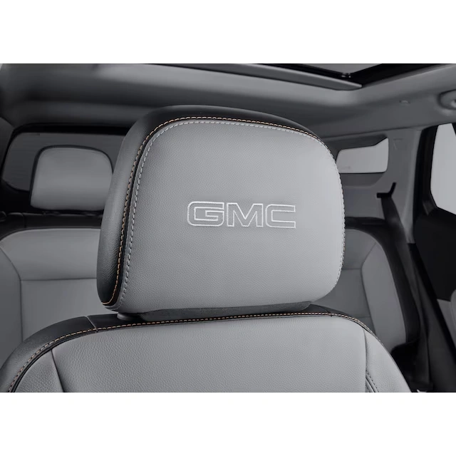 Vinyl Headrest in Medium Ash Gray with Embroidered GMC Script in Medium Gray Stitching